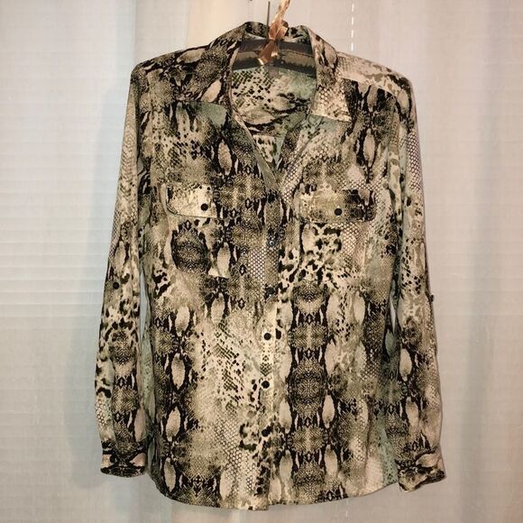 Coral Bay SP Python Print Ivory Camo Black Career Button Down Shirt Pockets - Picture 1 of 11